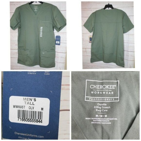 Men's Tall Olive Green 2-Way Stretch Scrub Top Style WW695T - Durable - Picture 7 of 12